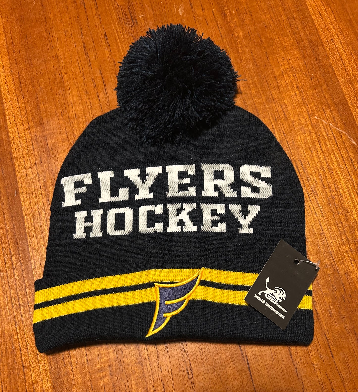 Navy and Yellow Fine Knit bobble hat