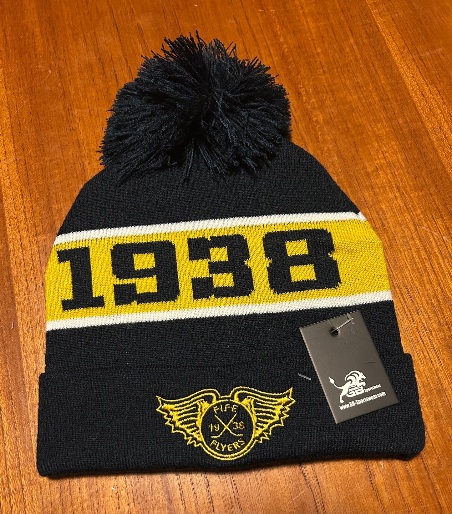 Navy and Yellow Fine Knit bobble hat